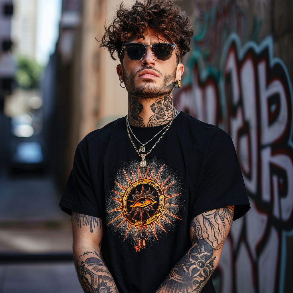 stylish model wearing black t shirt with large, eye catching tattoo inspired design 2